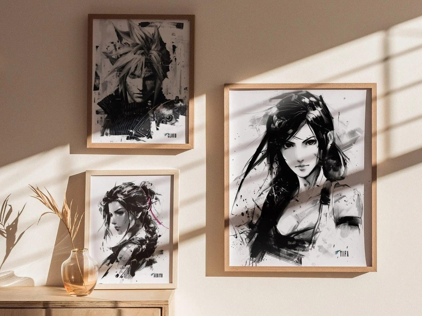Tifa Final Fantasy VII wall art displayed in game room with FF7 Remake Rebirth monochrome design