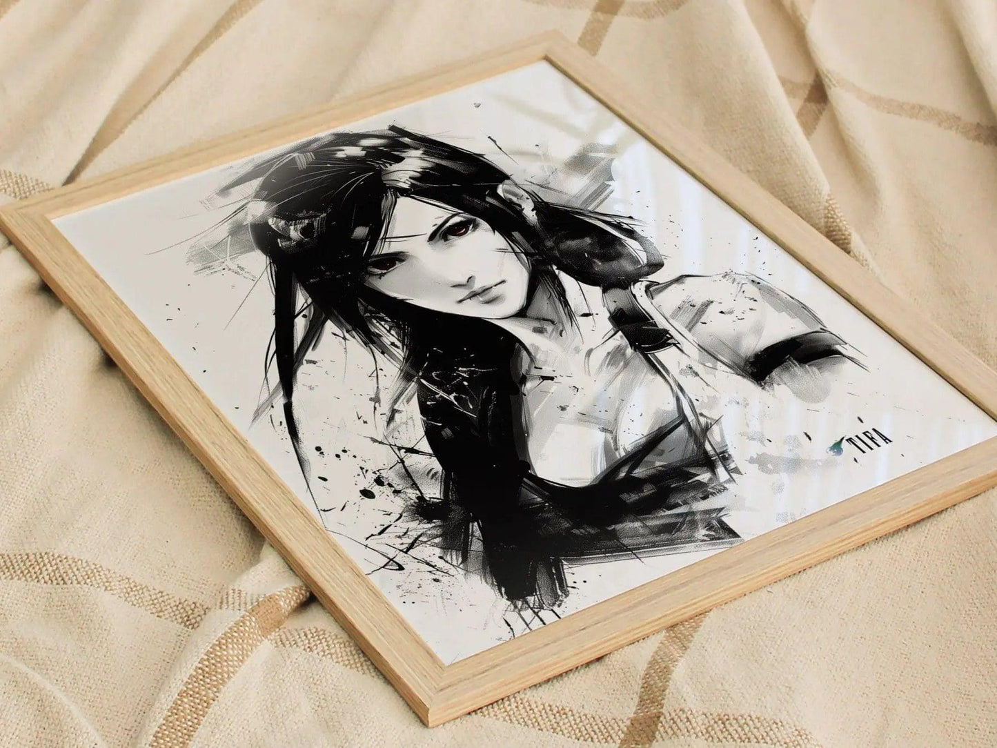 Tifa Final Fantasy VII poster featuring Shinkawa-inspired monochrome ink art style gaming wall print FF7 Rebirth