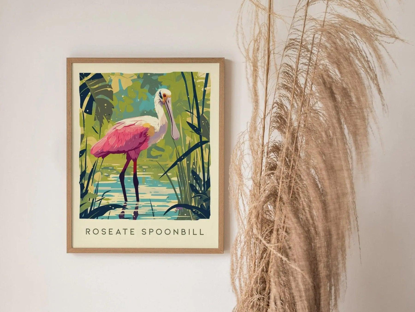 Roseate Spoonbill, Florida Birds Wildlife Framed Wall Art - Flamingo Tropical Bird Poster Design Travel Print Home Beach Cottage Decor Set - Swell Scenes