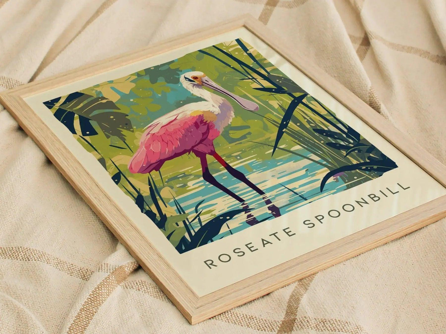 Roseate Spoonbill, Florida Birds Wildlife Framed Wall Art - Flamingo Tropical Bird Poster Design Travel Print Home Beach Cottage Decor Set - Swell Scenes