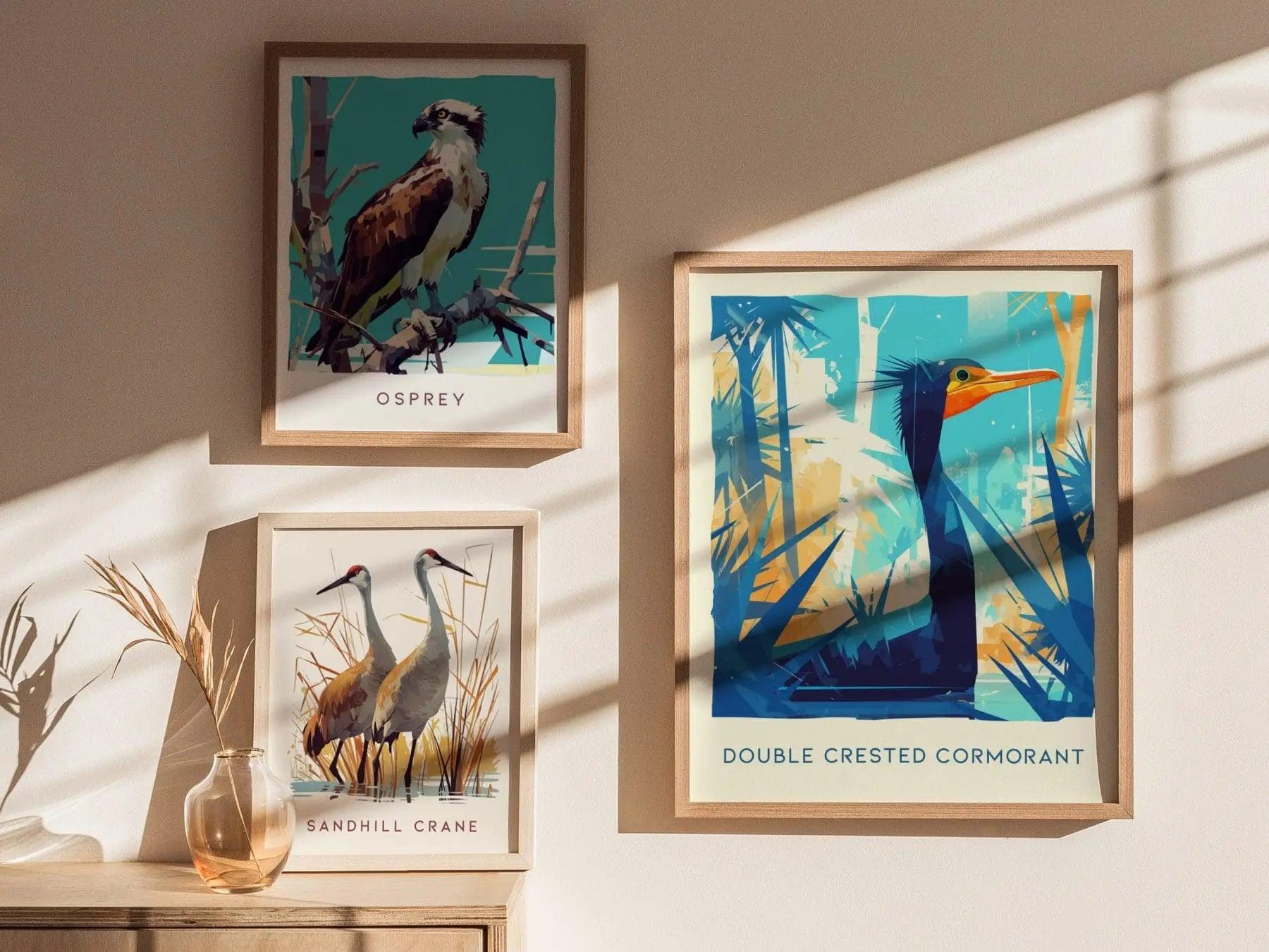 Cormorant, Florida Birds Wildlife Framed Wall Art - Water Turkey Bird Poster Design Travel Print Lake Home Beach Cottage Birder Decor Set - Swell Scenes