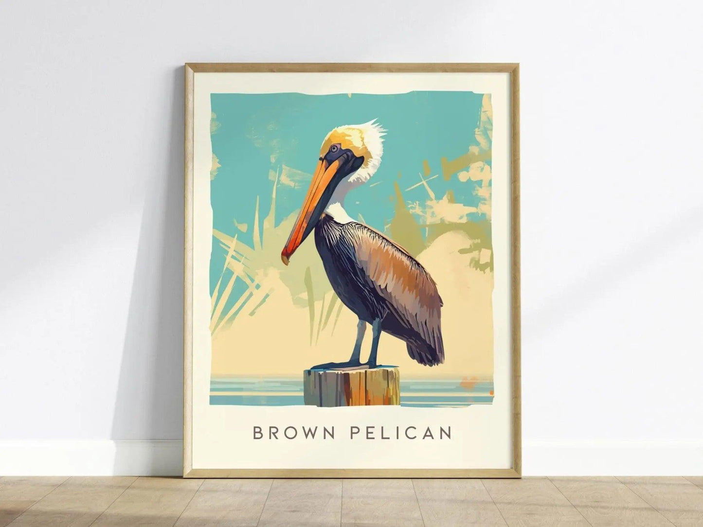 Brown Pelican, Florida Birds Wildlife Framed Wall Art - Tropical Ocean Bird Poster Design Travel Print Home Beach Cottage Fishing Decor Set - Swell Scenes