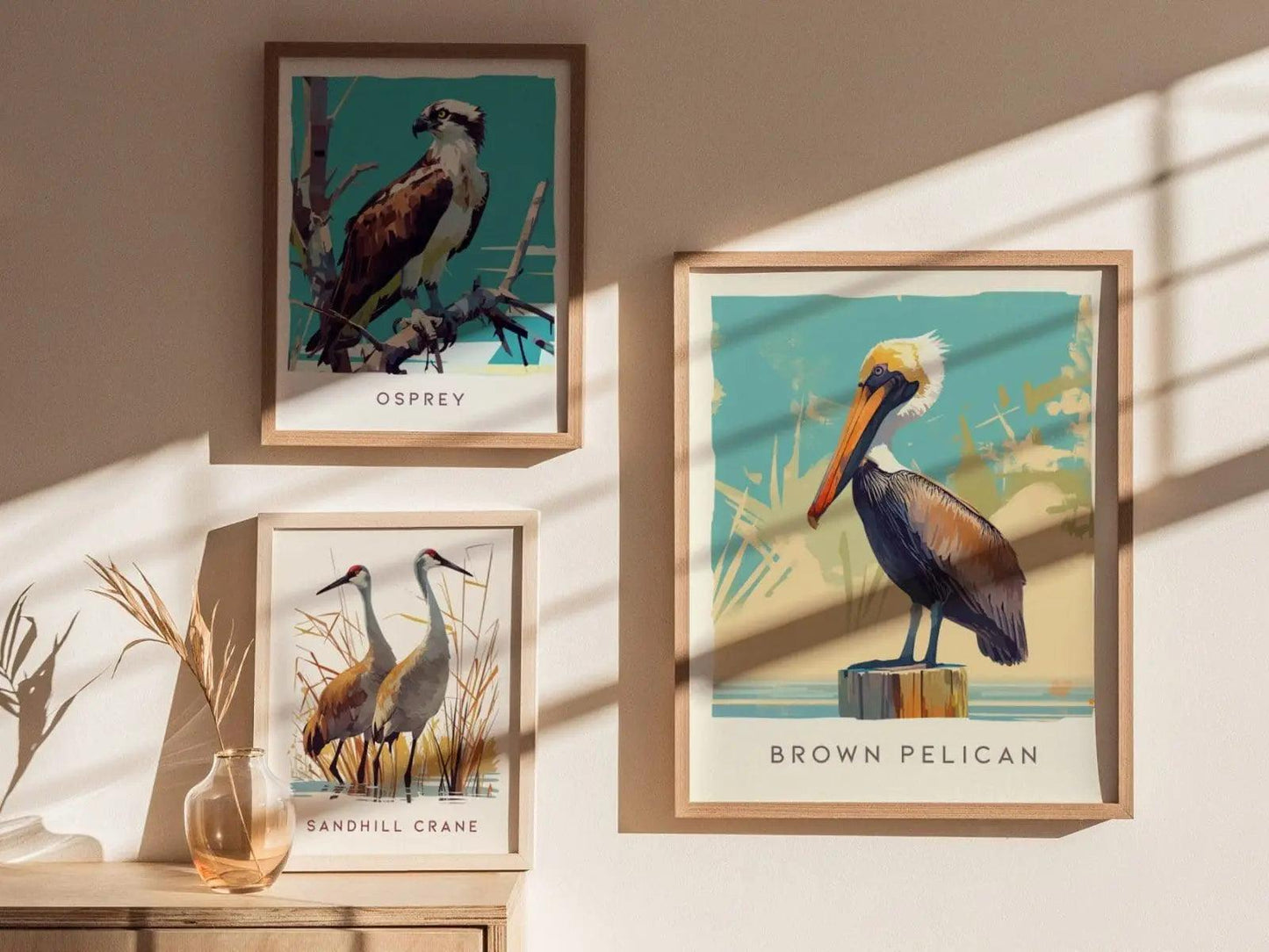 Brown Pelican, Florida Birds Wildlife Framed Wall Art - Tropical Ocean Bird Poster Design Travel Print Home Beach Cottage Fishing Decor Set - Swell Scenes