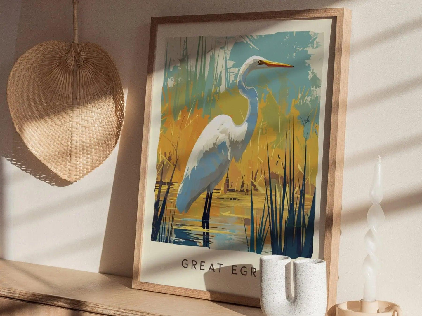 Great Egret, Florida Birds Wildlife Framed Wall Art - Native Bird Nature Poster Design Travel Print Lake Home Beach Cottage Birder Decor Set - Swell Scenes
