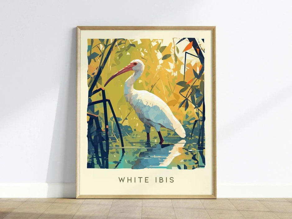 White Ibis Florida bird poster featuring impressionist coastal wetland art with mangrove roots tropical wildlife wall decor