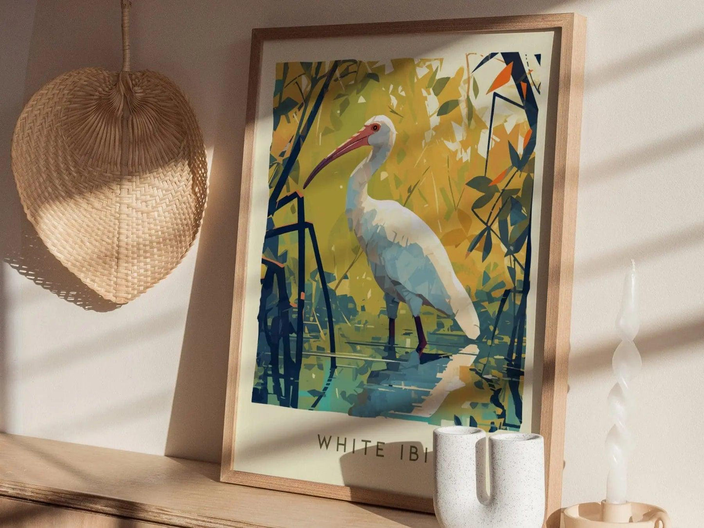 White Ibis Florida wildlife poster in natural wood frame showing tropical wading bird among tangled mangrove roots
