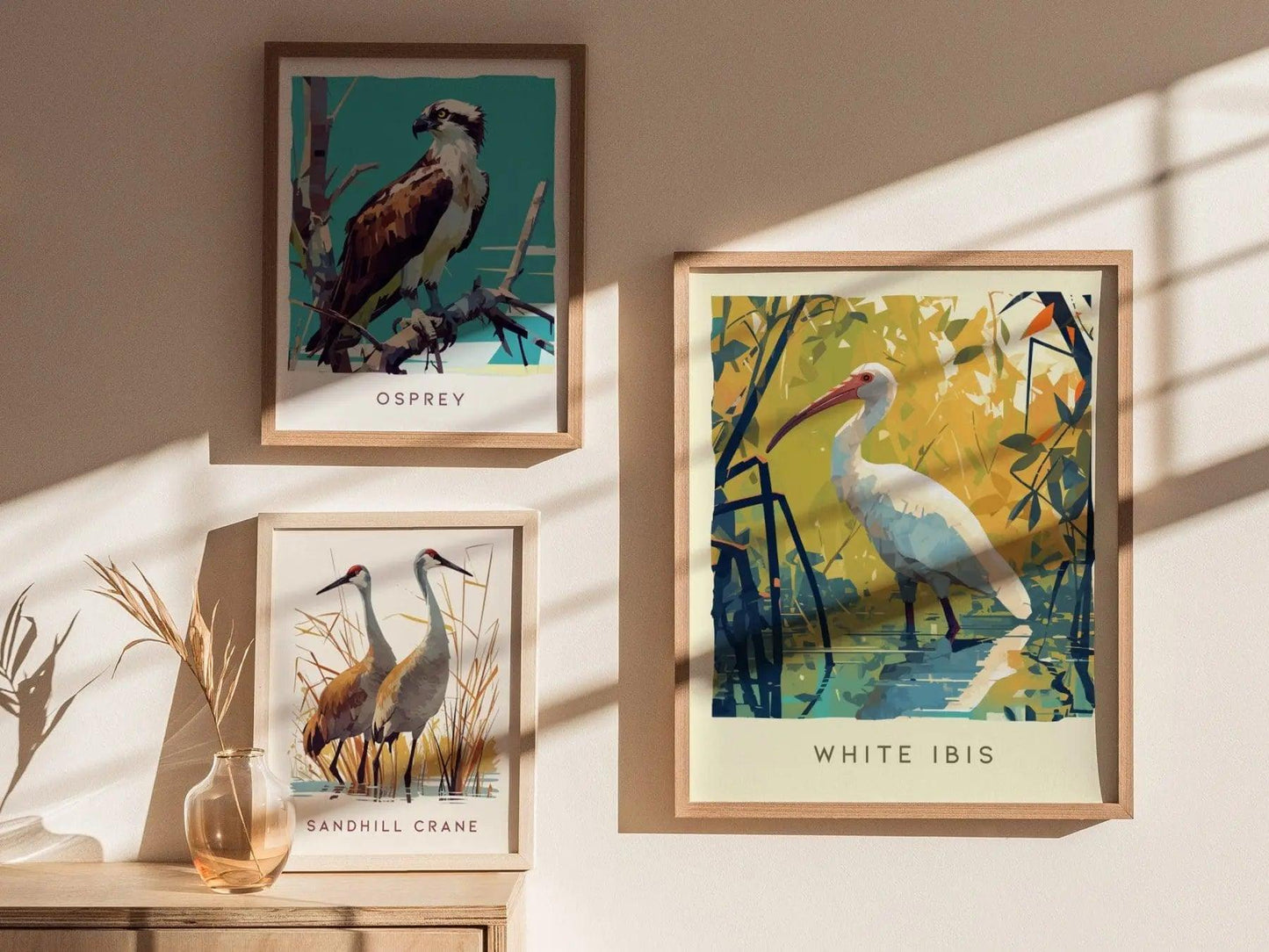 White Ibis coastal bird art displayed in Florida beach cottage with impressionist tropical wildlife and teal green palette