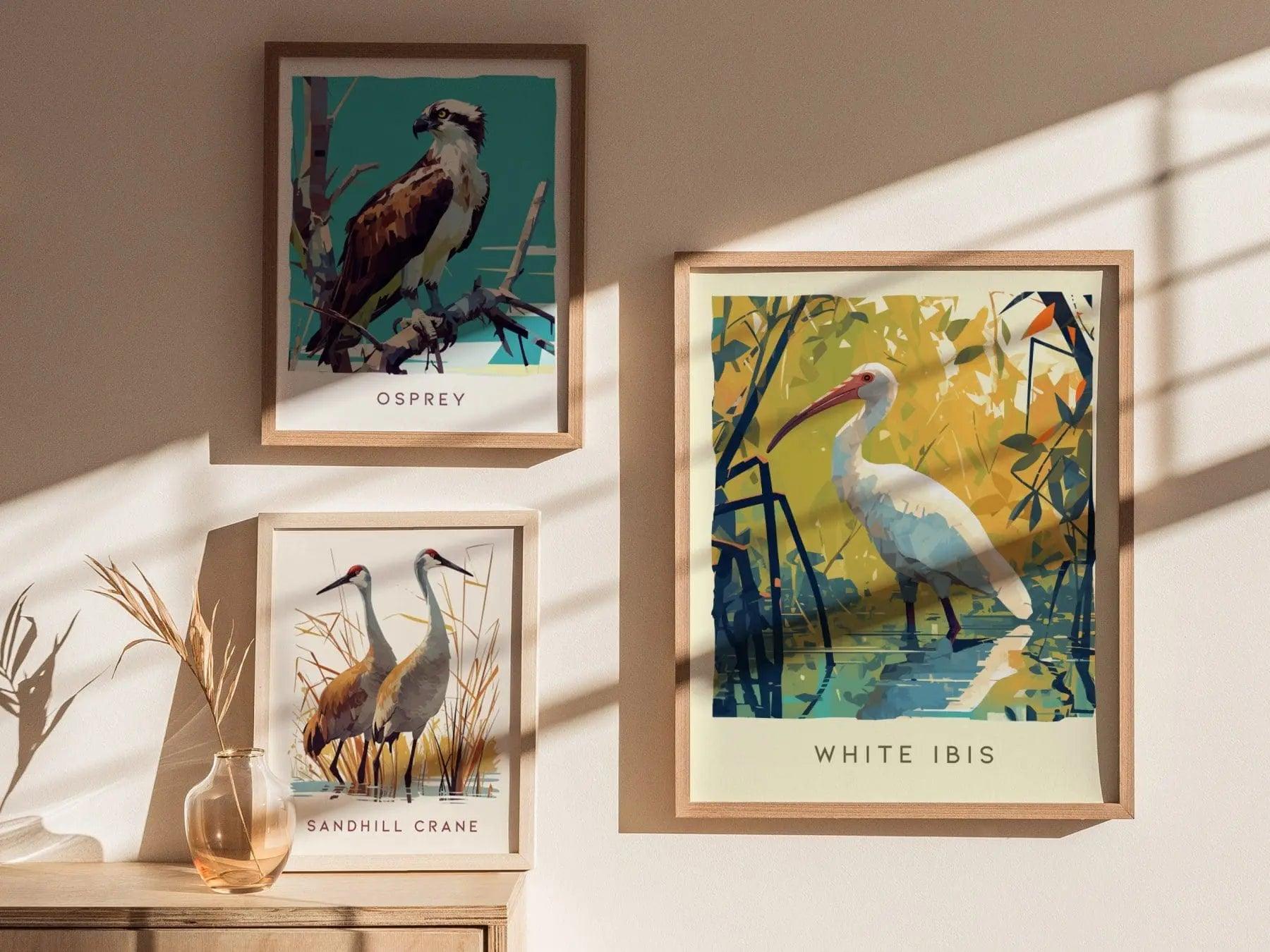 White Ibis coastal bird art displayed in Florida beach cottage with impressionist tropical wildlife and teal green palette
