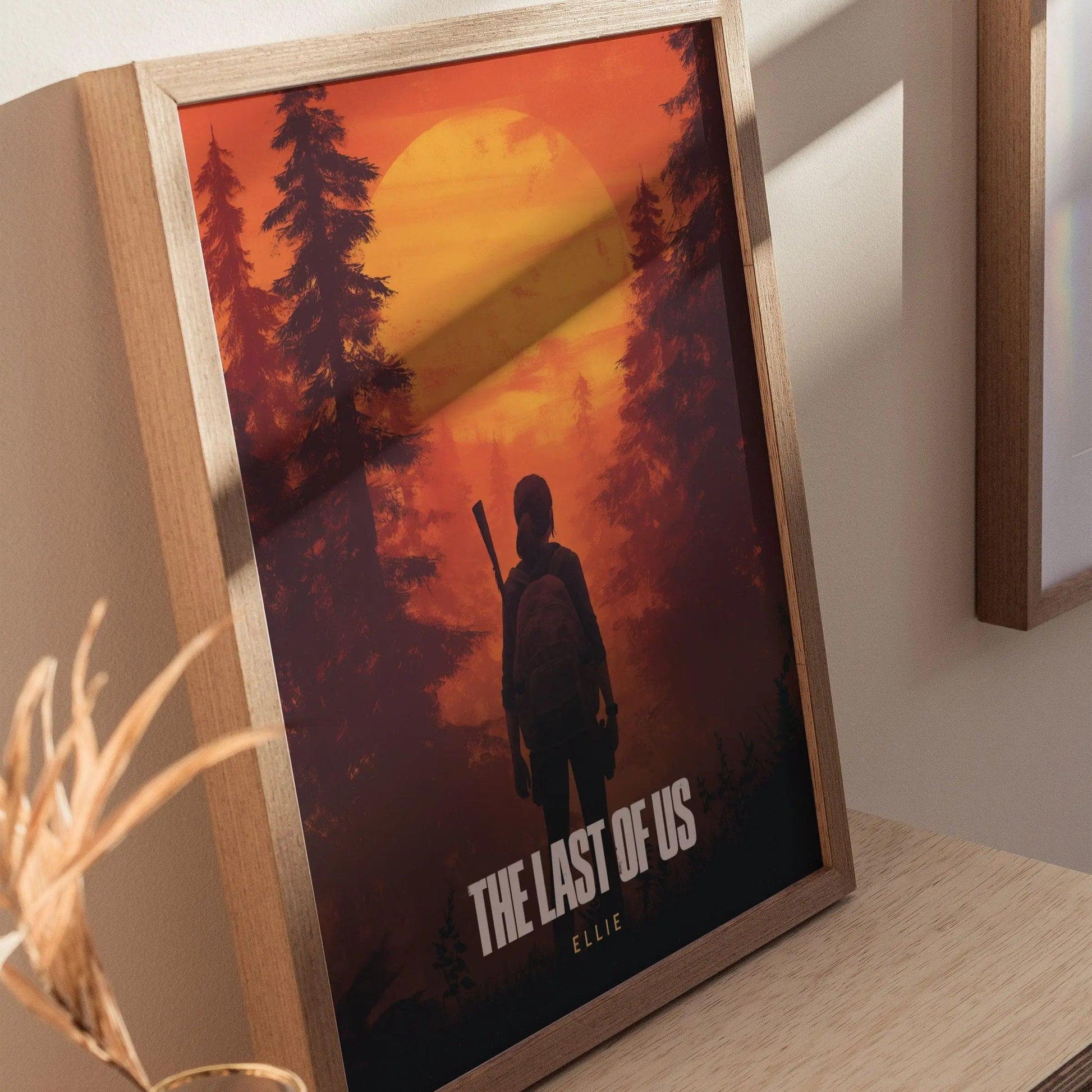 Natural wood framed Last of Us Ellie Williams poster showing TLOU post-apocalyptic protagonist art