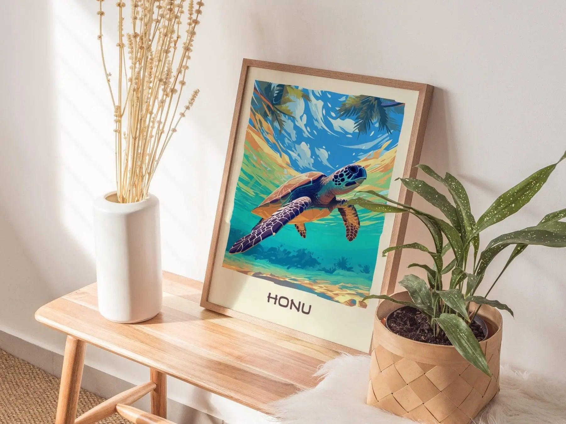 Honu, Hawaiian Green Sea Turtle Framed Wall Art | Hawaii Wildlife Poster Design Print Maui Oahu Kauai Big Island Home Decor Vacation Gift - Swell Scenes