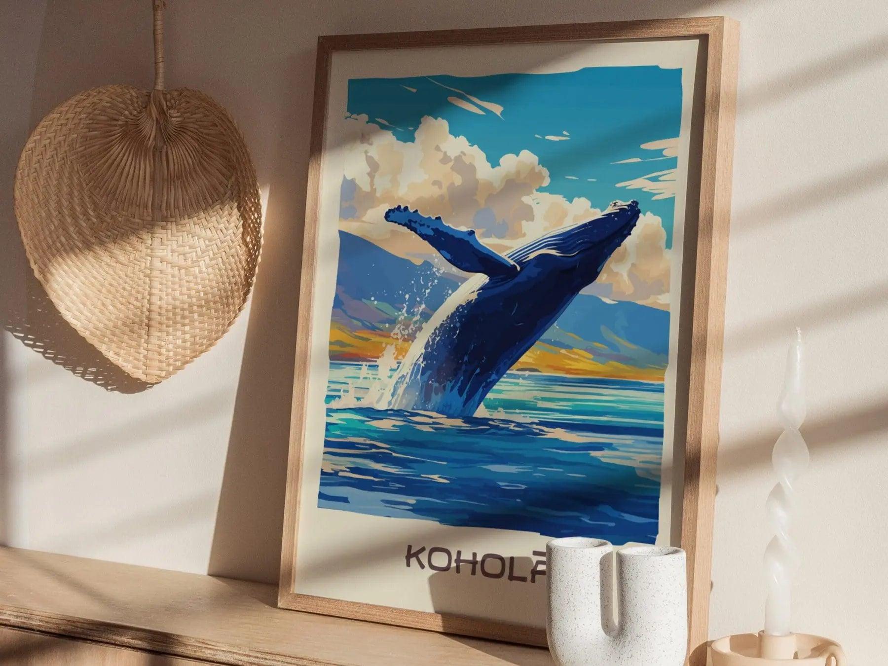Kohola, Hawaiian Humpback Whale Framed Wall Art | Hawaii Wildlife Poster Design Print Maui Oahu Kauai Big Island Home Decor Vacation Gift - Swell Scenes