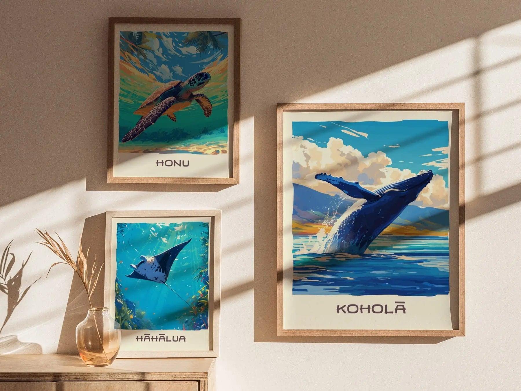 Kohola, Hawaiian Humpback Whale Framed Wall Art | Hawaii Wildlife Poster Design Print Maui Oahu Kauai Big Island Home Decor Vacation Gift - Swell Scenes