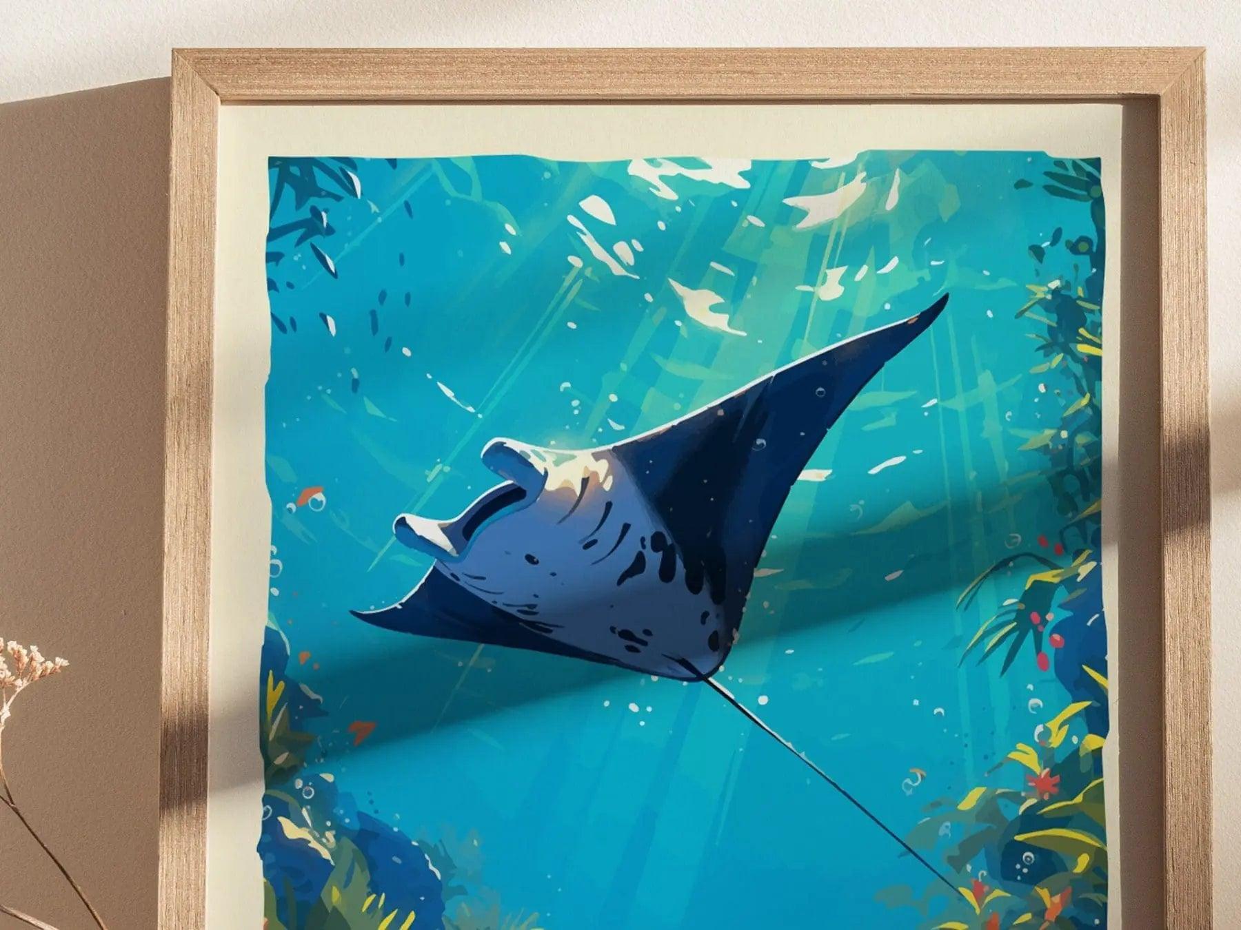 Hahalua, Hawaiian Manta Ray Framed Wall Art | Hawaii Wildlife Poster Design Print Maui Oahu Kauai Big Island Home Decor Vacation Diver Gift - Swell Scenes