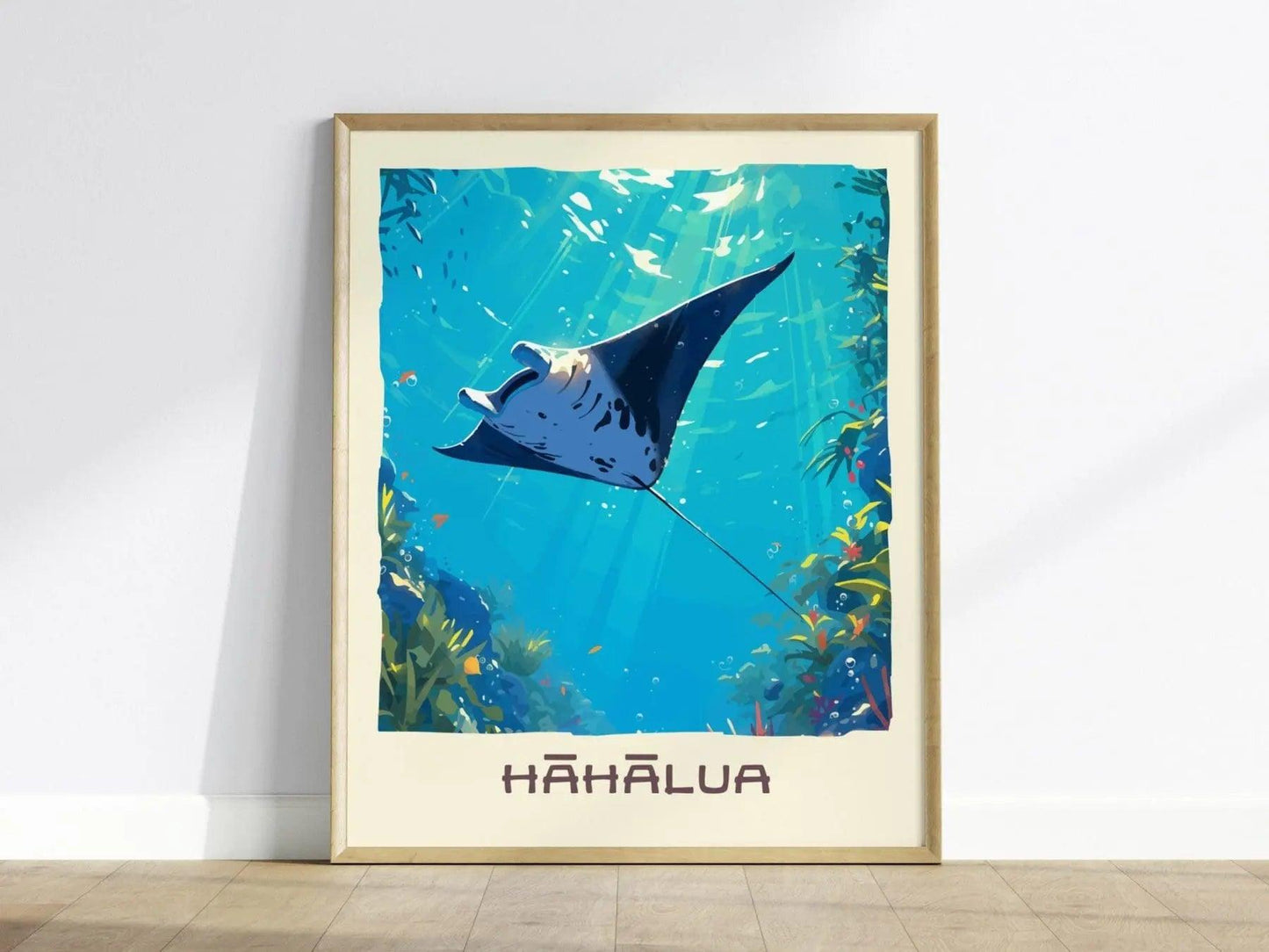 Hahalua, Hawaiian Manta Ray Framed Wall Art | Hawaii Wildlife Poster Design Print Maui Oahu Kauai Big Island Home Decor Vacation Diver Gift - Swell Scenes