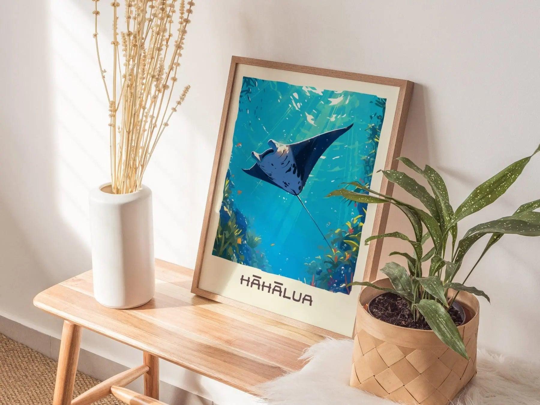 Hahalua, Hawaiian Manta Ray Framed Wall Art | Hawaii Wildlife Poster Design Print Maui Oahu Kauai Big Island Home Decor Vacation Diver Gift - Swell Scenes