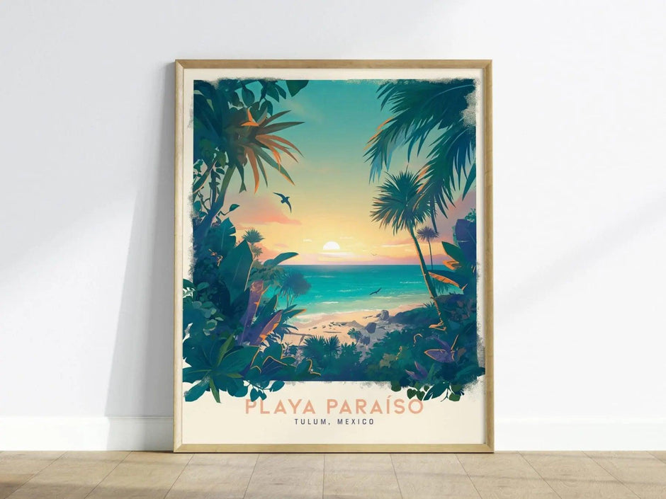 Playa Paraiso Travel Poster, Playa Paraiso Mexico Framed Print, Tulum Mexico Wall Art, Mexico Travel Art, Custom Travel Gift, Airbnb Decor - Swell Scenes