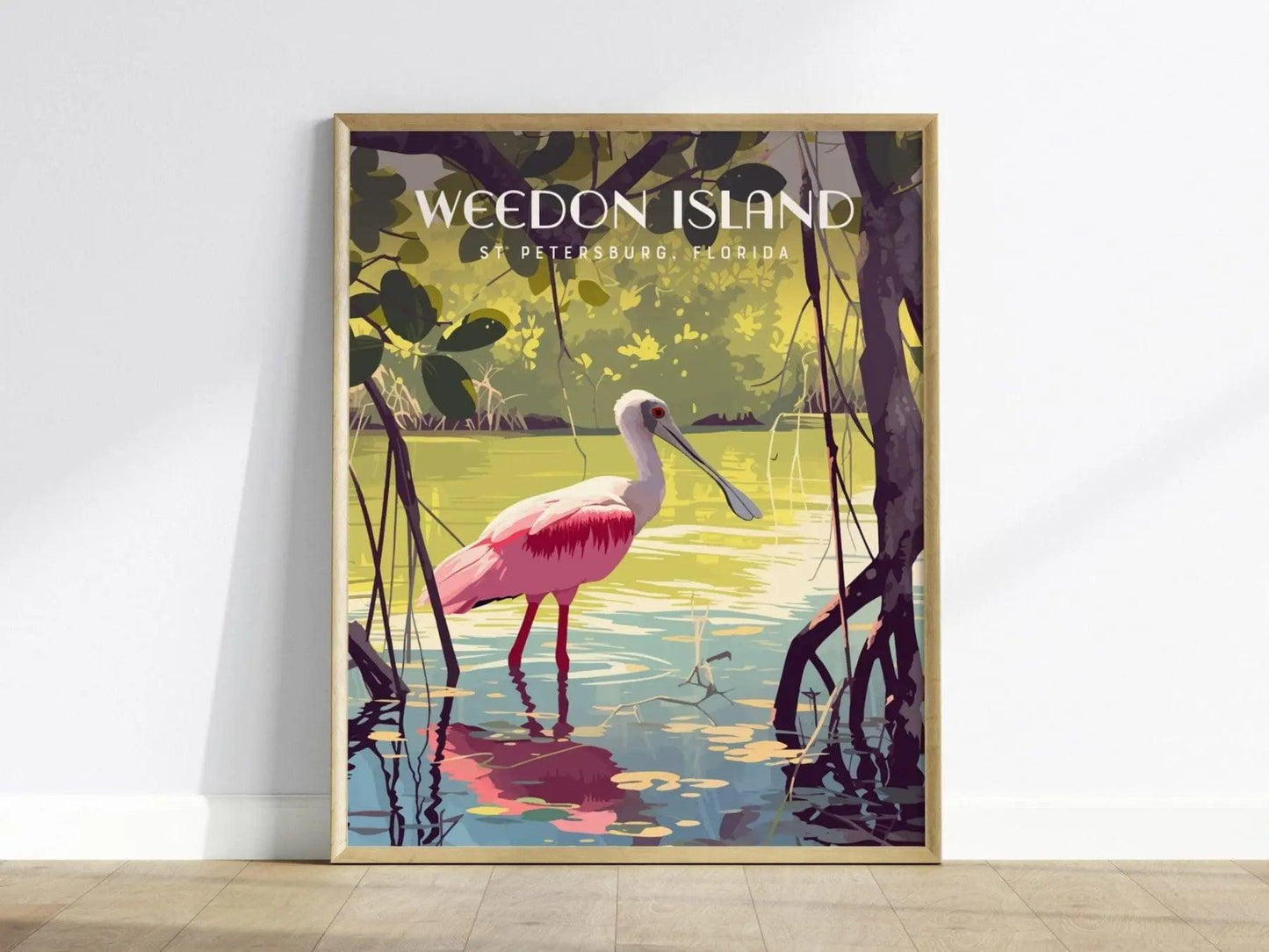 Weedon Island Preserve St Petersburg poster featuring Roseate Spoonbill in pink plumage wading through Florida mangrove habitat wall art