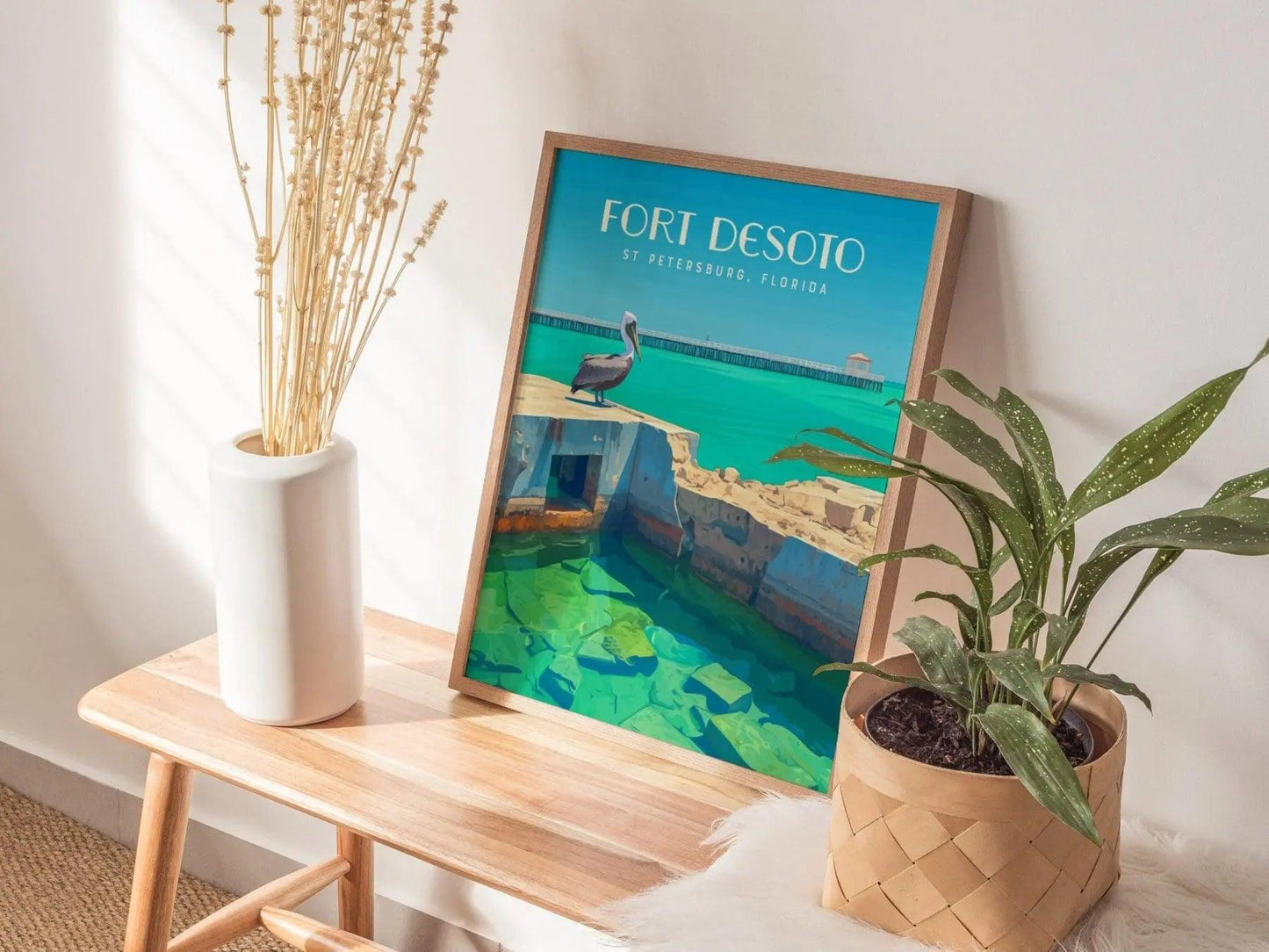 Fort Desoto State Park, St. Petersburg, Florida Framed Wall Art - St Pete Pelican Nature Poster Design Travel Print Beach House Decor Set - Swell Scenes