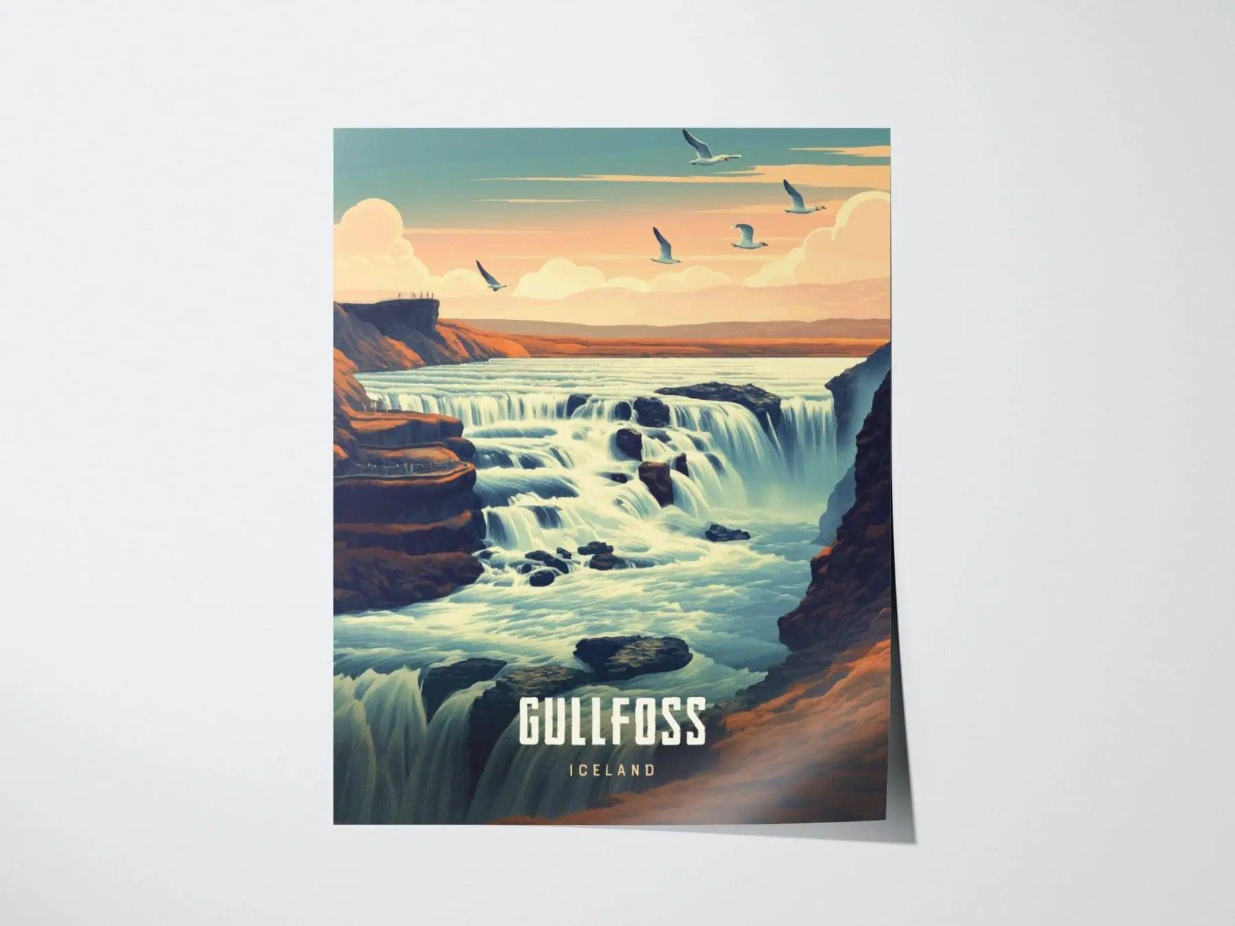 Gullfoss - Iceland's Golden Falls - Breathtaking Waterfall Escape Travel Poster, Icelandic Souvenir, Iceland Travel Print, Reykjavík Decor - Swell Scenes