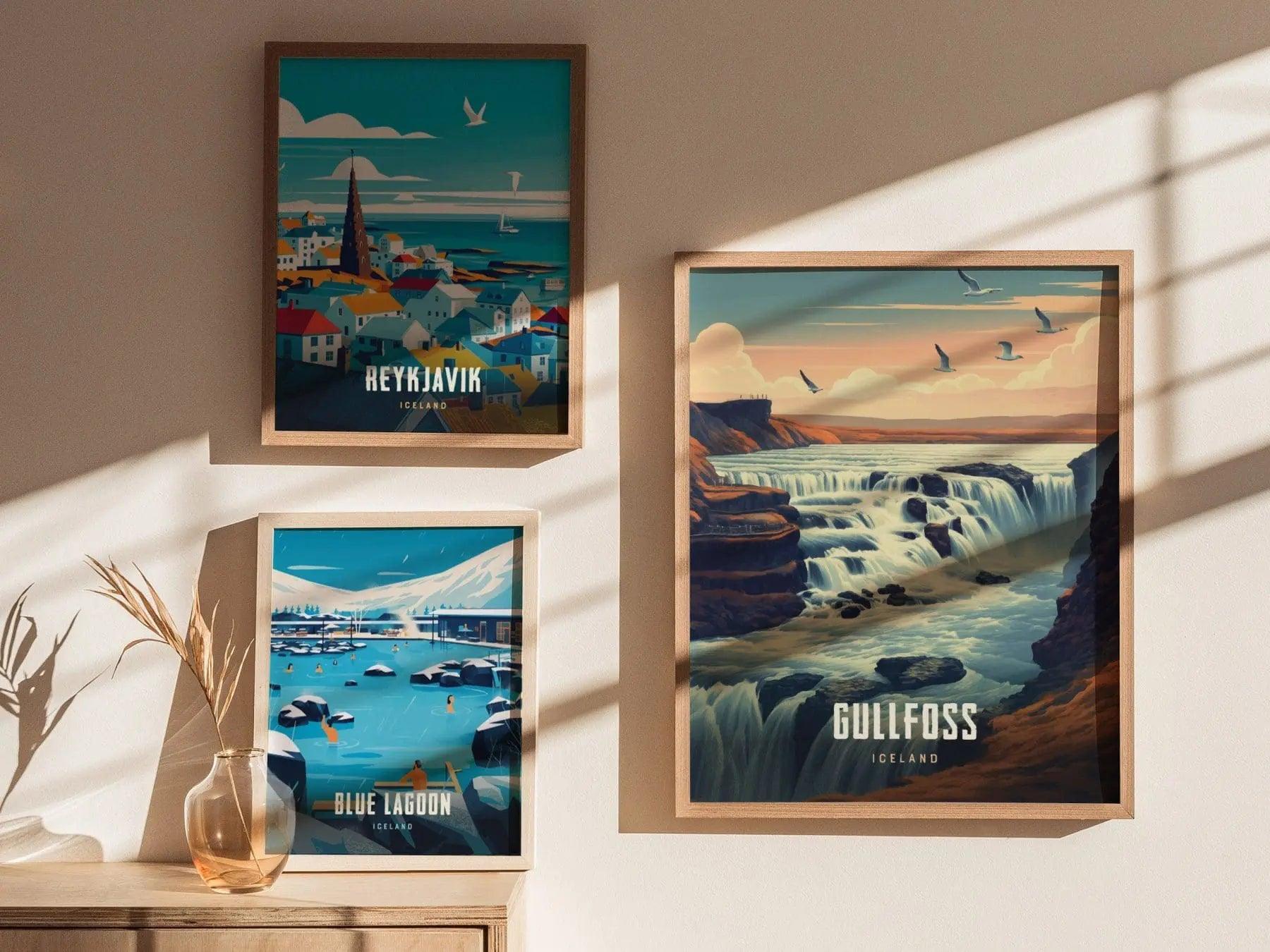 Gullfoss - Iceland's Golden Falls - Breathtaking Waterfall Escape Travel Poster, Icelandic Souvenir, Iceland Travel Print, Reykjavík Decor - Swell Scenes