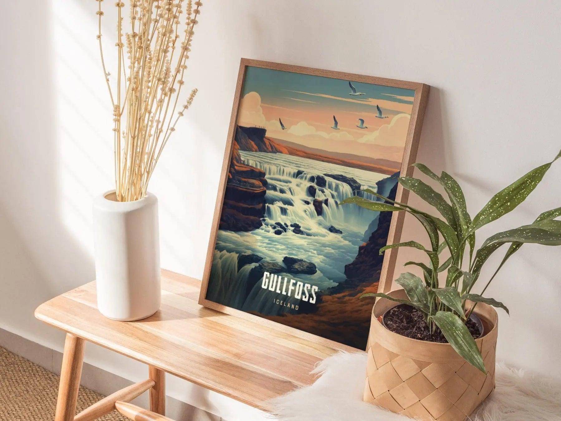 Gullfoss - Iceland's Golden Falls - Breathtaking Waterfall Escape Travel Poster, Icelandic Souvenir, Iceland Travel Print, Reykjavík Decor - Swell Scenes