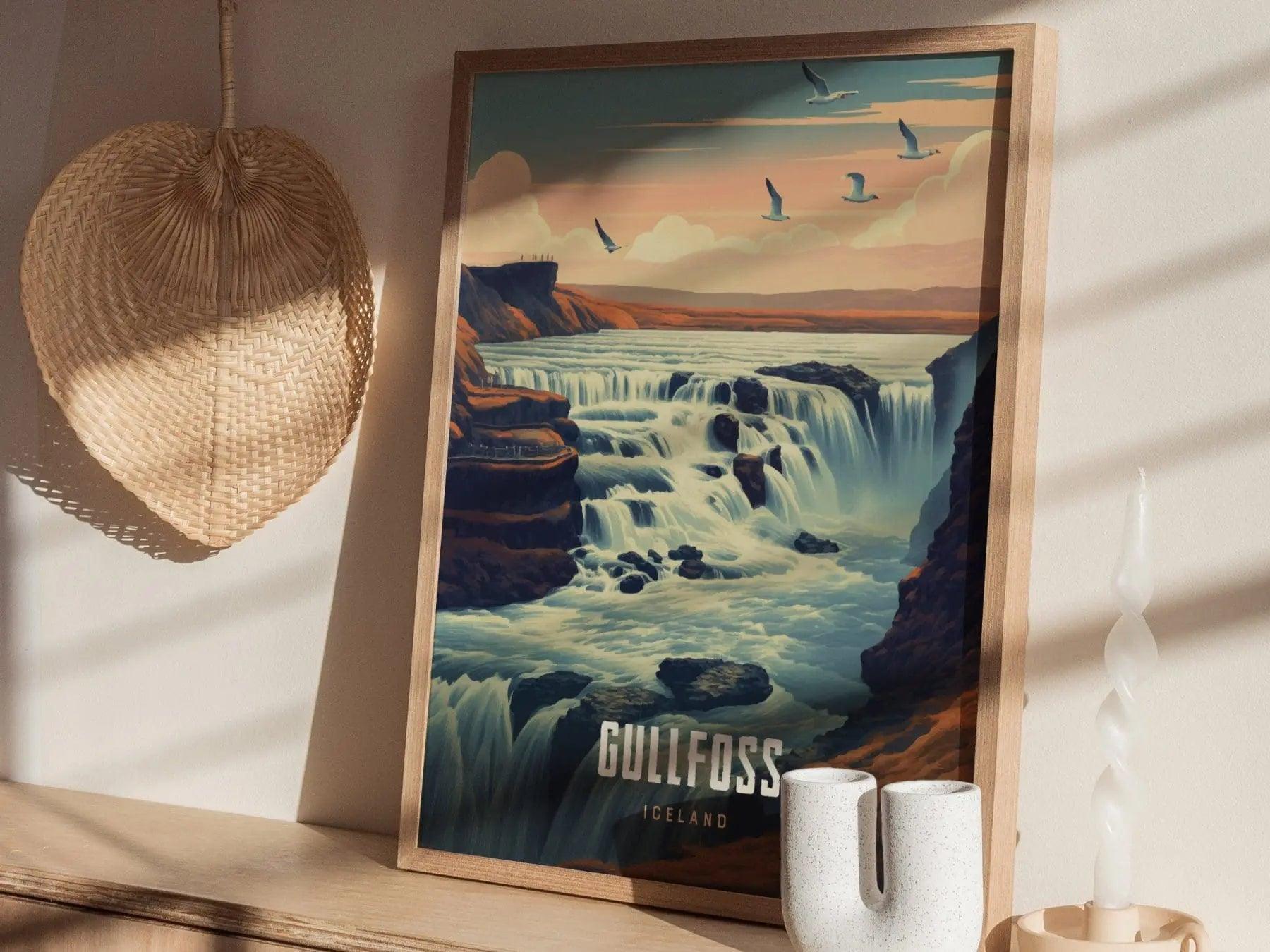 Gullfoss - Iceland's Golden Falls - Breathtaking Waterfall Escape Travel Poster, Icelandic Souvenir, Iceland Travel Print, Reykjavík Decor - Swell Scenes