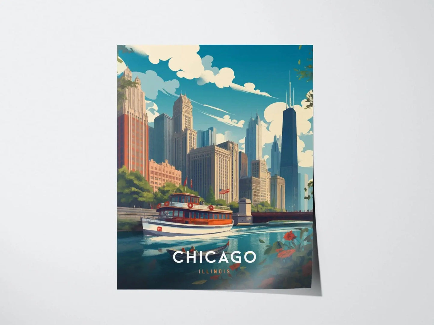 Chicago Framed Travel Poster, Chicago Poster Print, Chicago City Riverwalk Wall Art, Chicago Illinois Travel Poster, Traveler Home Decor - Swell Scenes