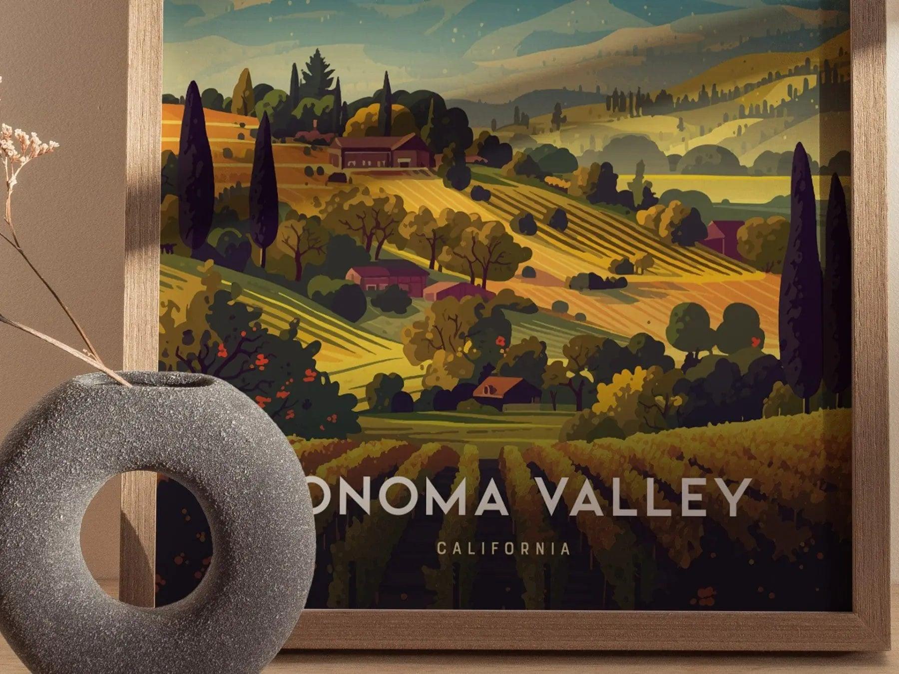 Sonoma Valley Framed Travel Poster, California Wall Art, Sonoma Poster, Travel Winery Vineyard SoCal Home Gift Decor, Airbnb Wall Decor - Swell Scenes