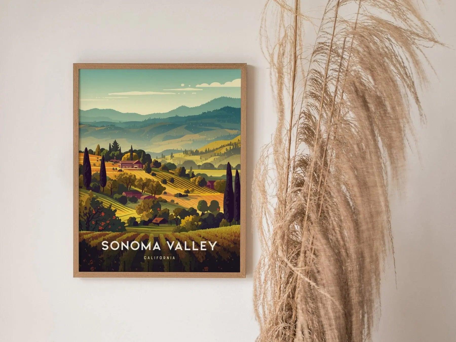 Sonoma Valley Framed Travel Poster, California Wall Art, Sonoma Poster, Travel Winery Vineyard SoCal Home Gift Decor, Airbnb Wall Decor - Swell Scenes