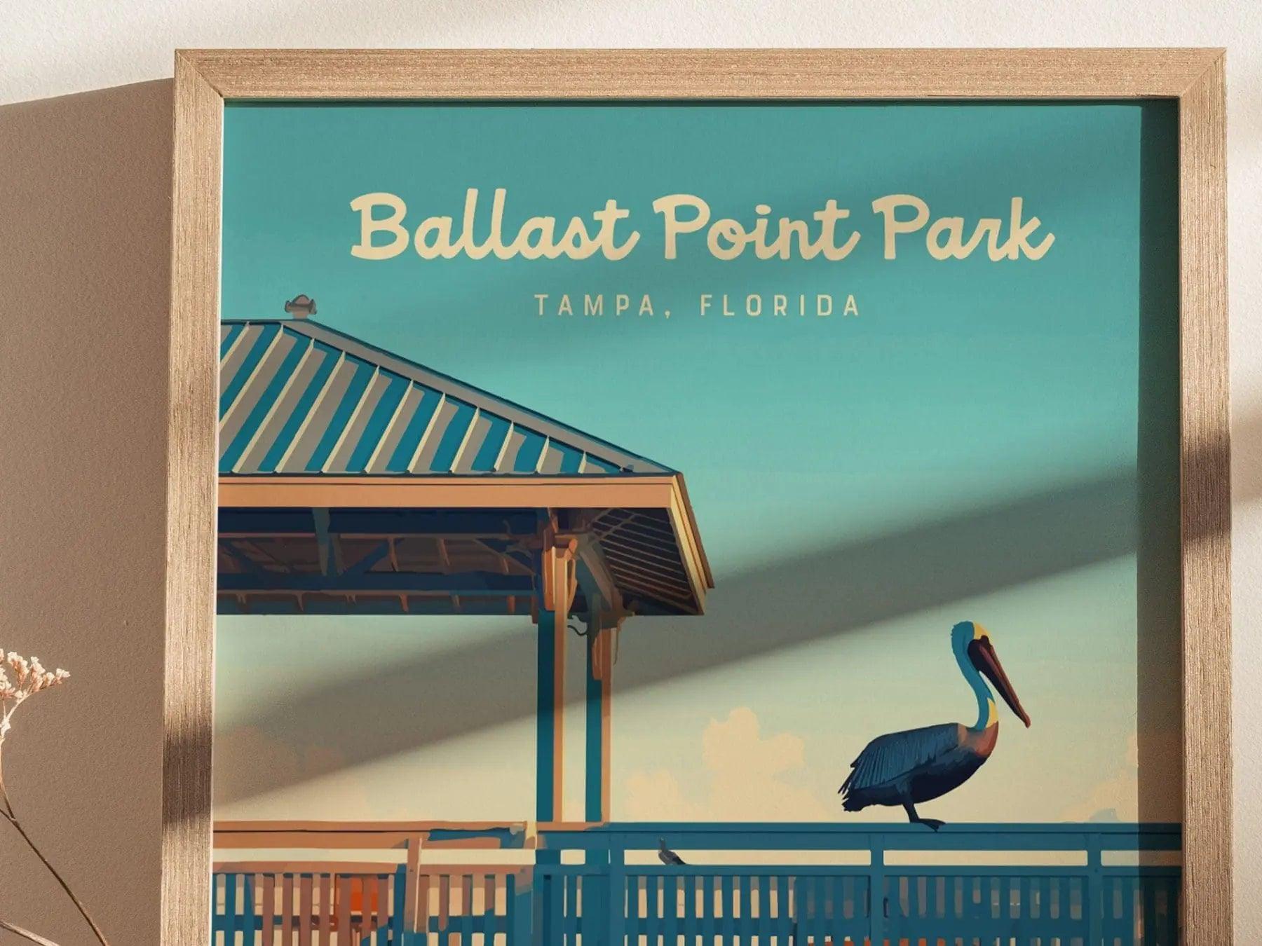 Ballast Point Park, Tampa, Florida Framed Wall Art, Hillsborough Bay Fishing Pier Pelican Poster Design Travel Print Beach Home Decor Set - Swell Scenes
