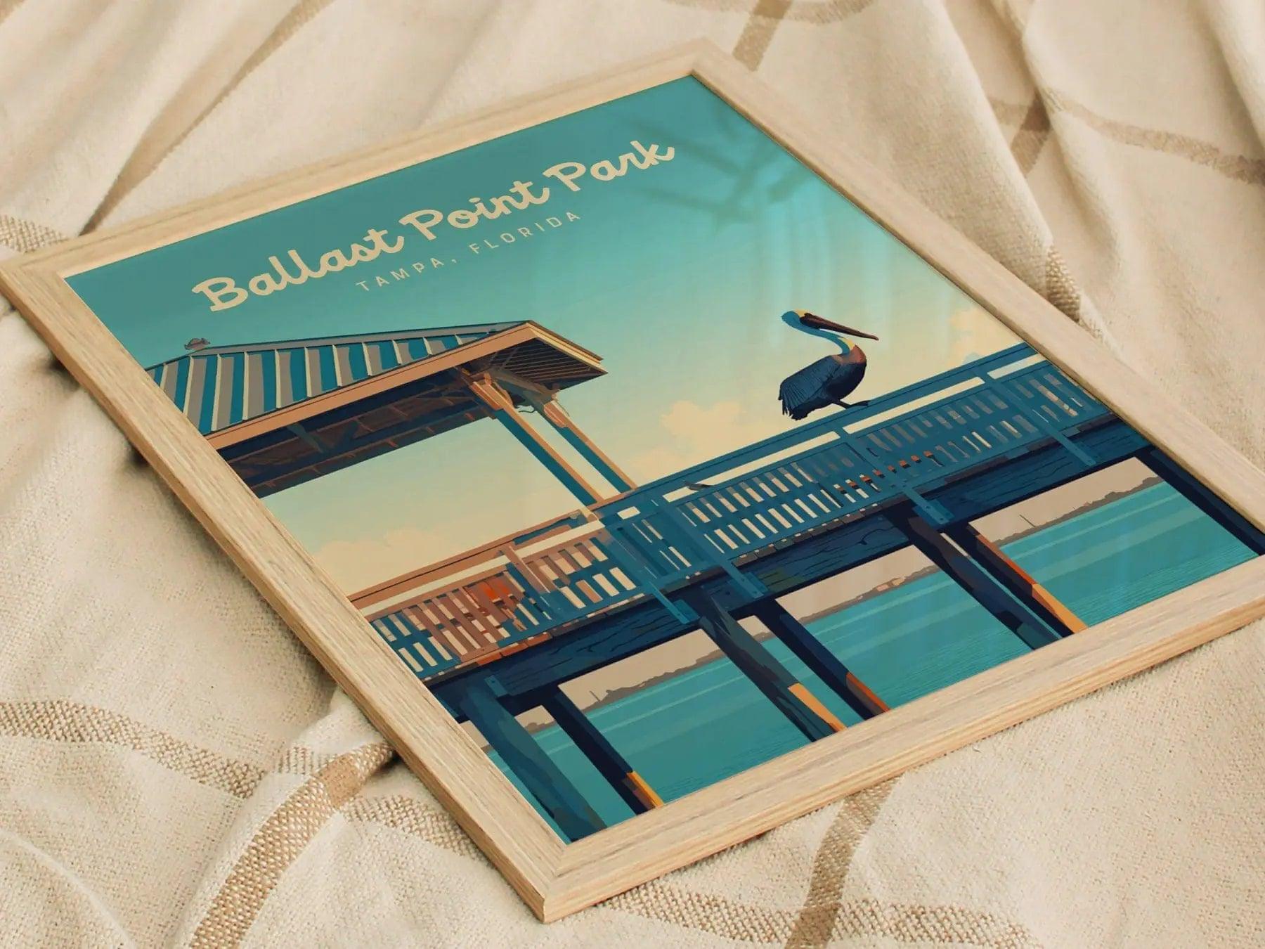 Ballast Point Park, Tampa, Florida Framed Wall Art, Hillsborough Bay Fishing Pier Pelican Poster Design Travel Print Beach Home Decor Set - Swell Scenes