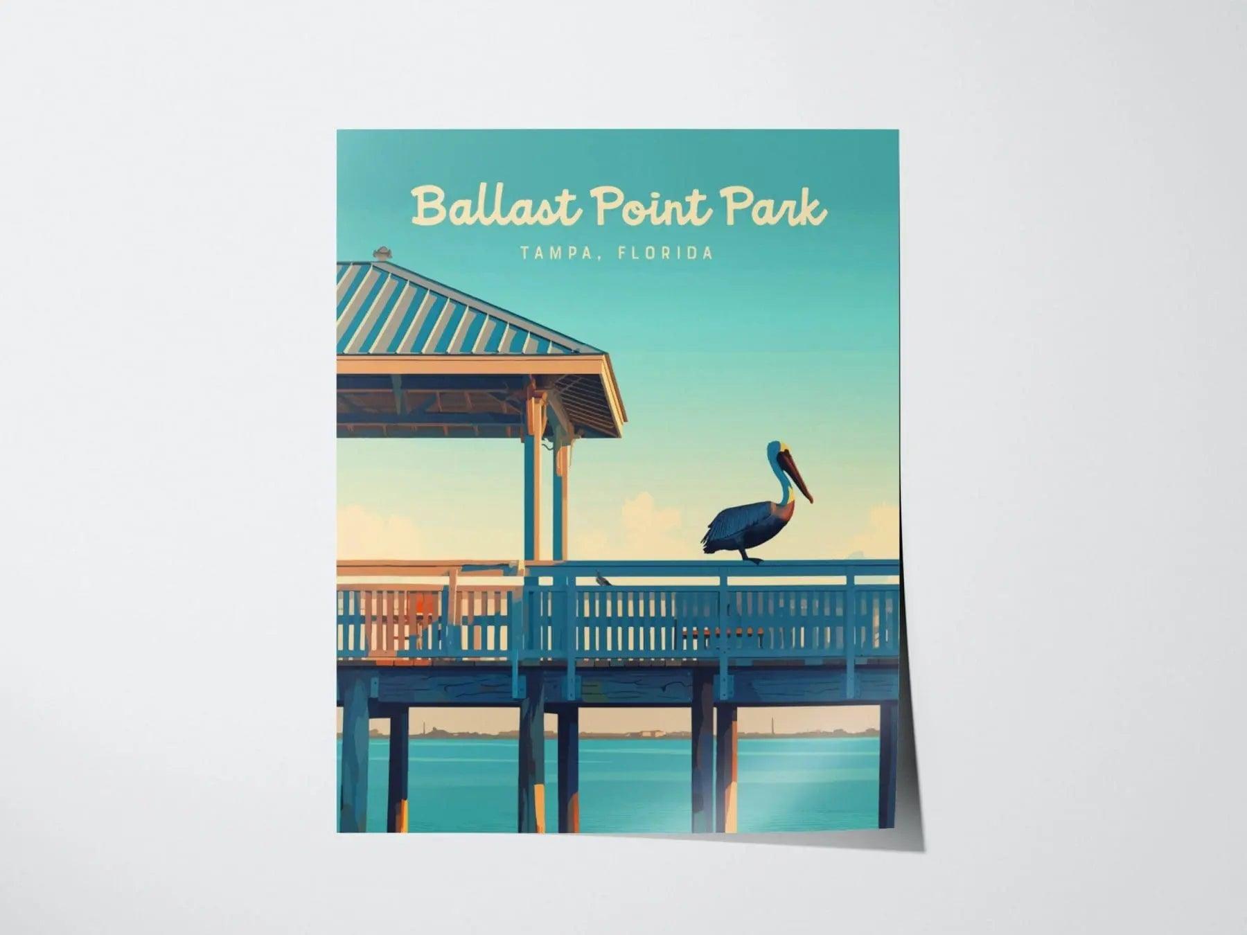 Ballast Point Park, Tampa, Florida Framed Wall Art, Hillsborough Bay Fishing Pier Pelican Poster Design Travel Print Beach Home Decor Set - Swell Scenes