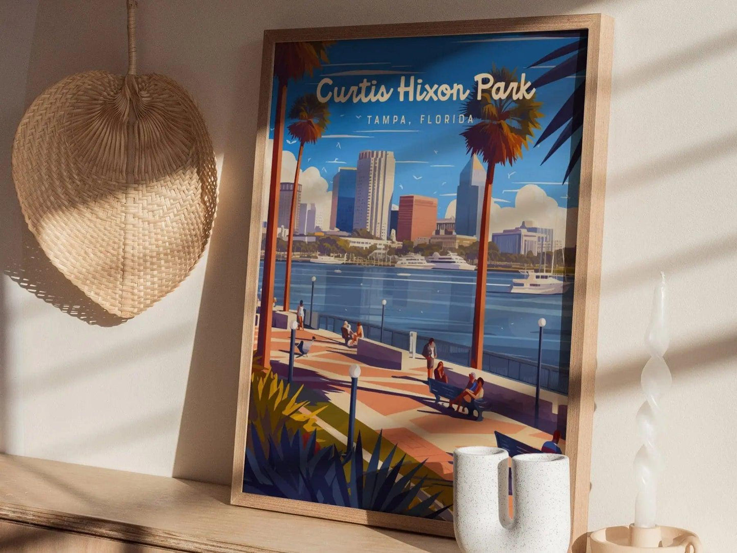 Curtis Hixon Park, Tampa, Florida Framed Wall Art, Downtown Tampa City Hillsborough River Boats Poster Design Travel Print Home Decor Set - Swell Scenes