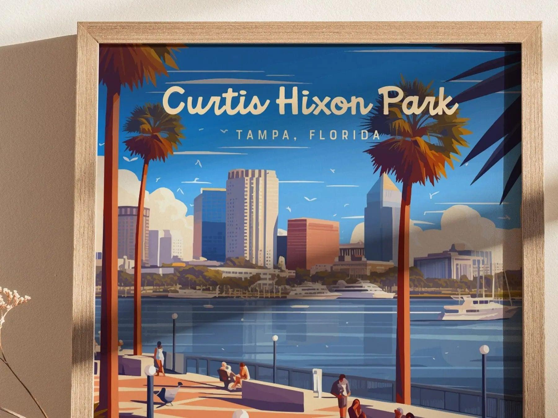 Curtis Hixon Park, Tampa, Florida Framed Wall Art, Downtown Tampa City Hillsborough River Boats Poster Design Travel Print Home Decor Set - Swell Scenes