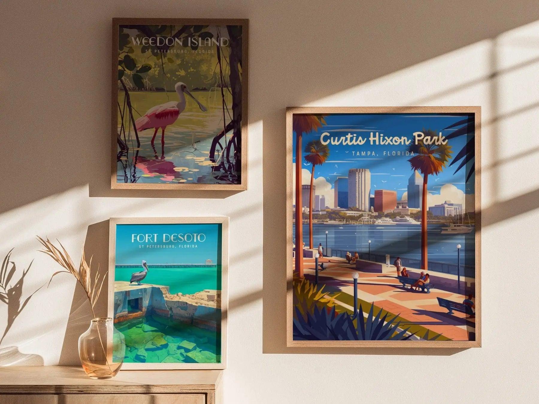Curtis Hixon Park, Tampa, Florida Framed Wall Art, Downtown Tampa City Hillsborough River Boats Poster Design Travel Print Home Decor Set - Swell Scenes