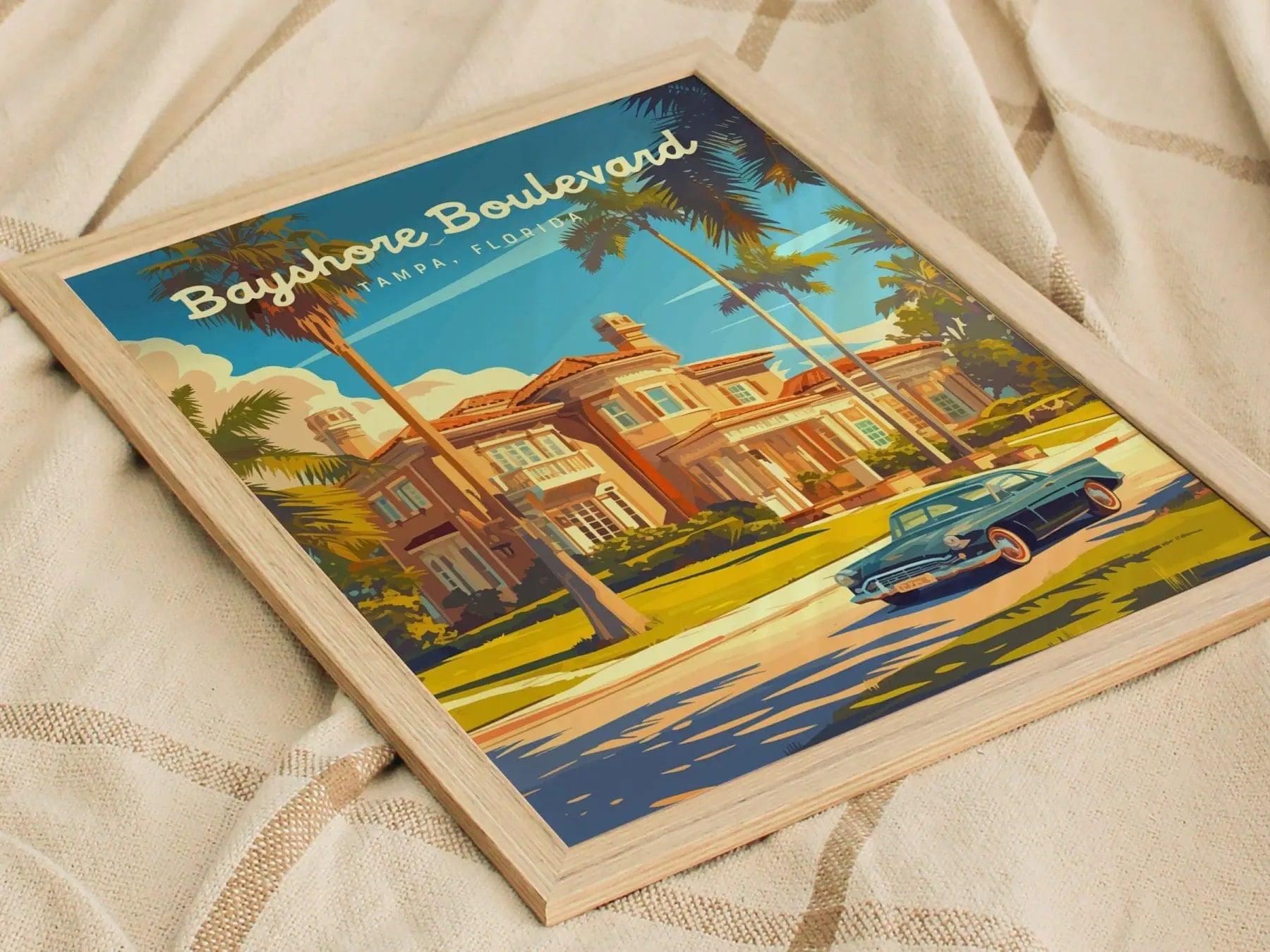 Bayshore Boulevard, Tampa, Florida Framed Wall Art, Hillsborough Bay Mansion Real Estate Poster Design Travel Print Beach Home Decor Set - Swell Scenes