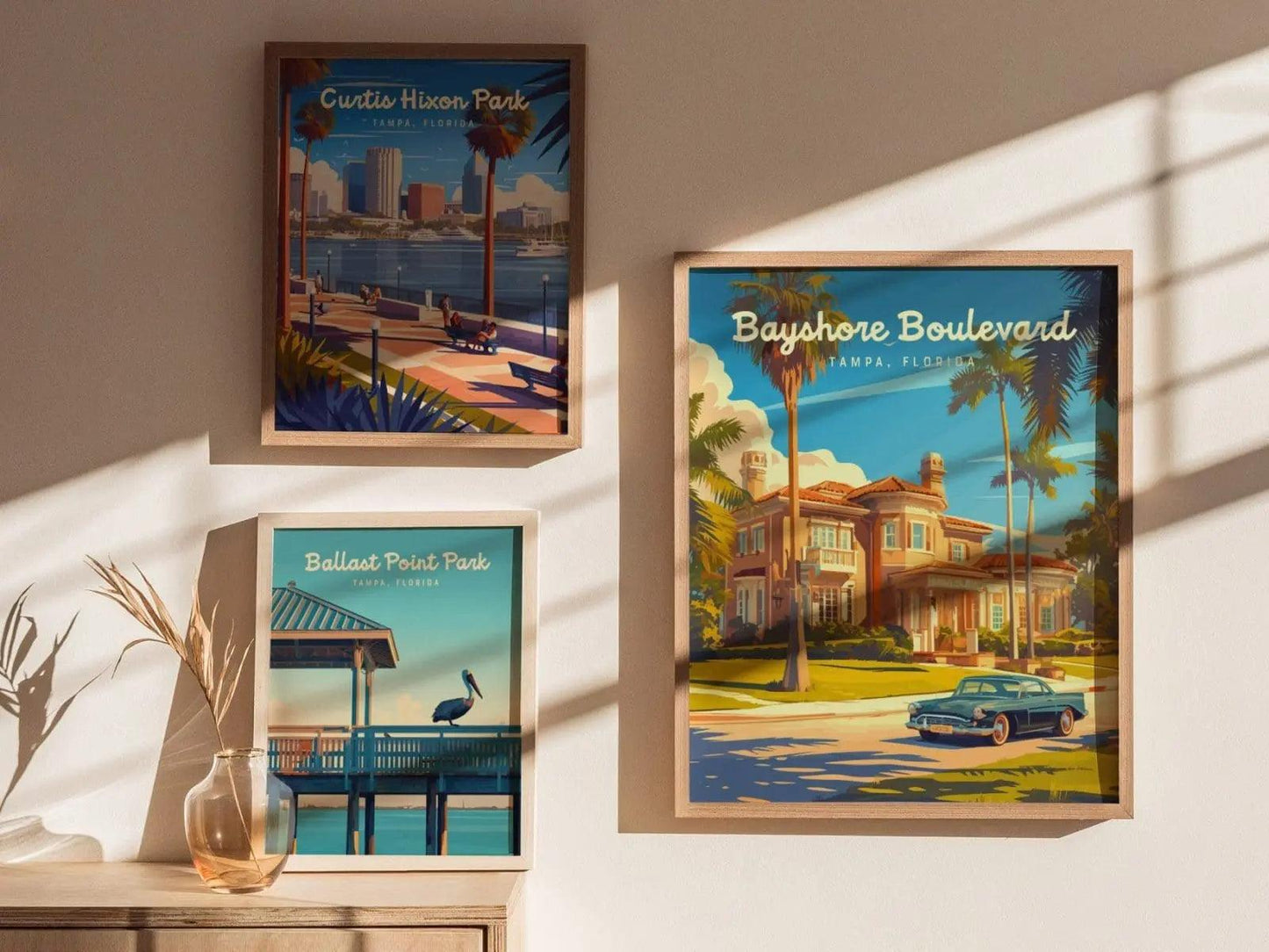 Bayshore Boulevard, Tampa, Florida Framed Wall Art, Hillsborough Bay Mansion Real Estate Poster Design Travel Print Beach Home Decor Set - Swell Scenes