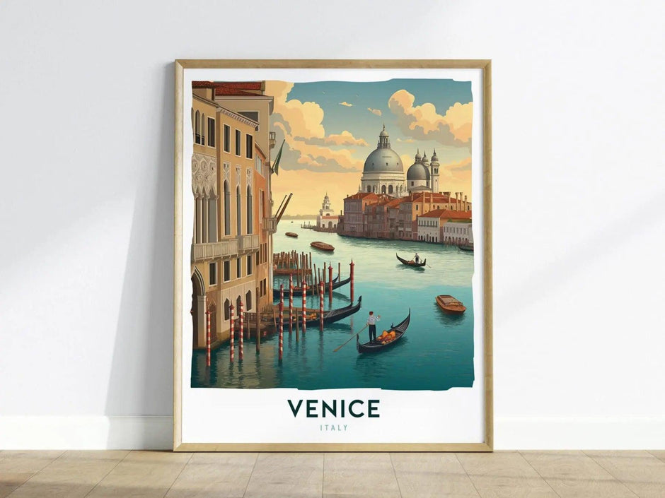 Venice Italy travel poster featuring Grand Canal with gondolas and historic architecture romantic European city art