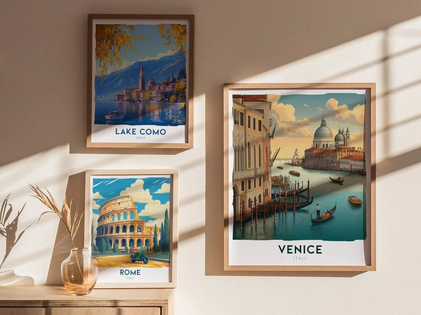 Venice canal poster displayed in home with Italy travel art featuring gondolas and Grand Canal European decor
