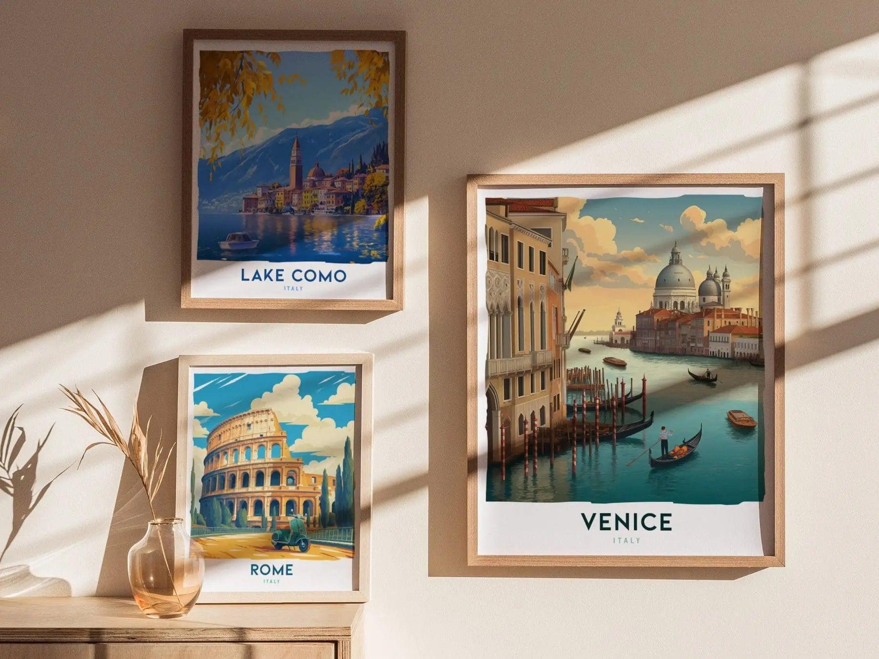 Venice canal poster displayed in home with Italy travel art featuring gondolas and Grand Canal European decor
