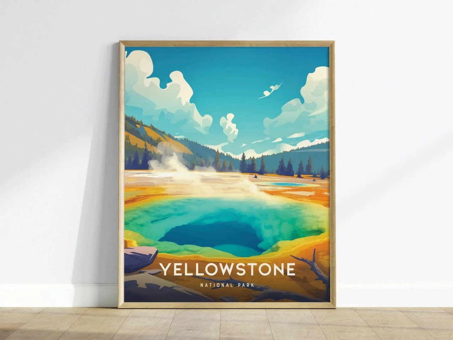 Yellowstone Morning Glory Pool poster with vivid blue and gold colors
