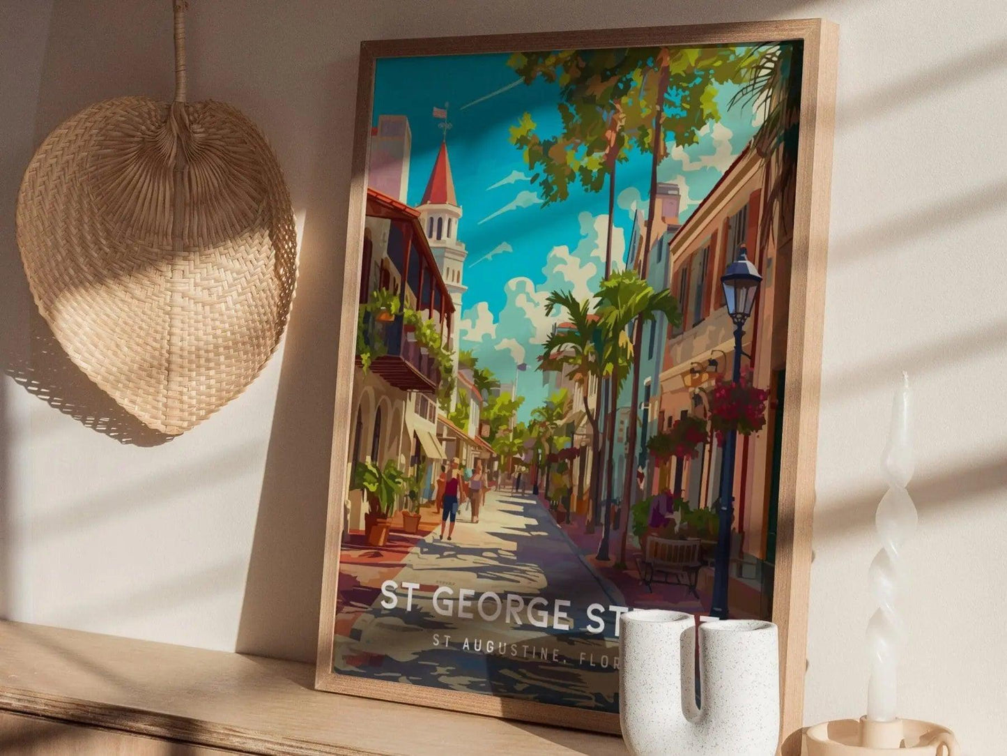St George Street, Saint Augustine, Florida Framed Wall Art - Walking Vacation Tour Poster Design Travel Print Collection Home Office Decor - Swell Scenes