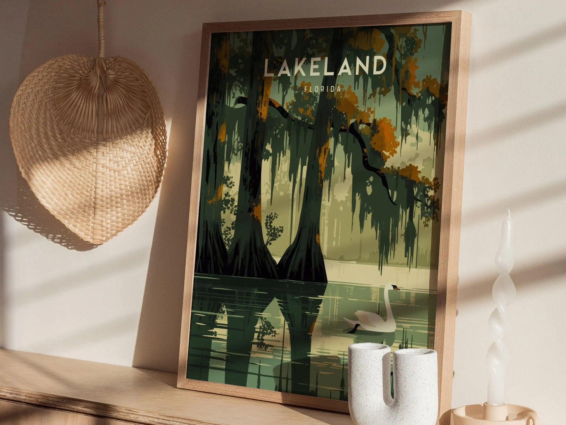 Lakeland, Florida Framed Wall Art - Lake Hollingsworth Mirror Swan Cypress Trees Poster Design Travel Print Collection Home Office Decor - Swell Scenes