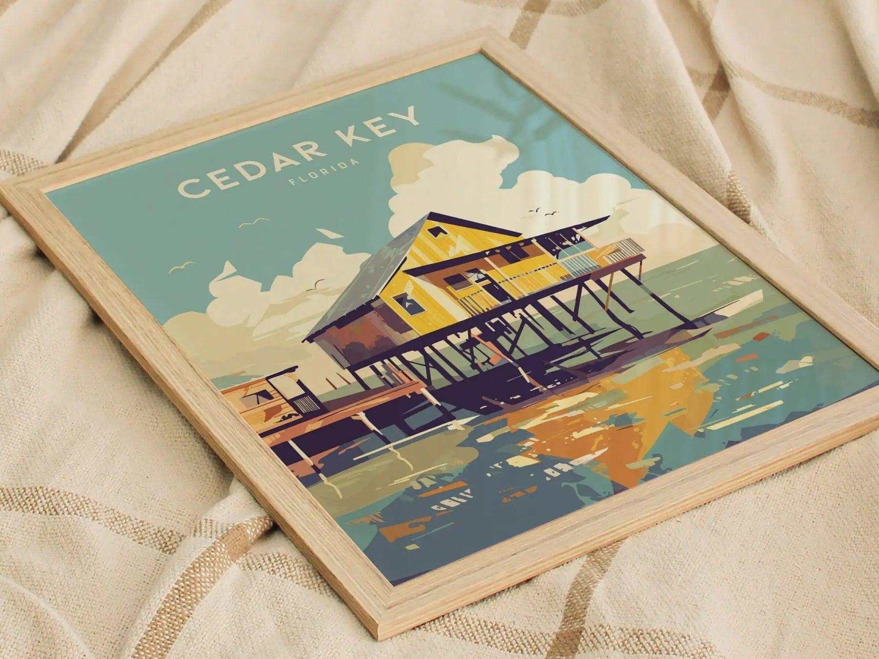 Cedar Key, Florida Framed Wall Art - Old Florida Fishing Town Poster Design Travel Print Collection Home Office Beach Island Decor - Swell Scenes