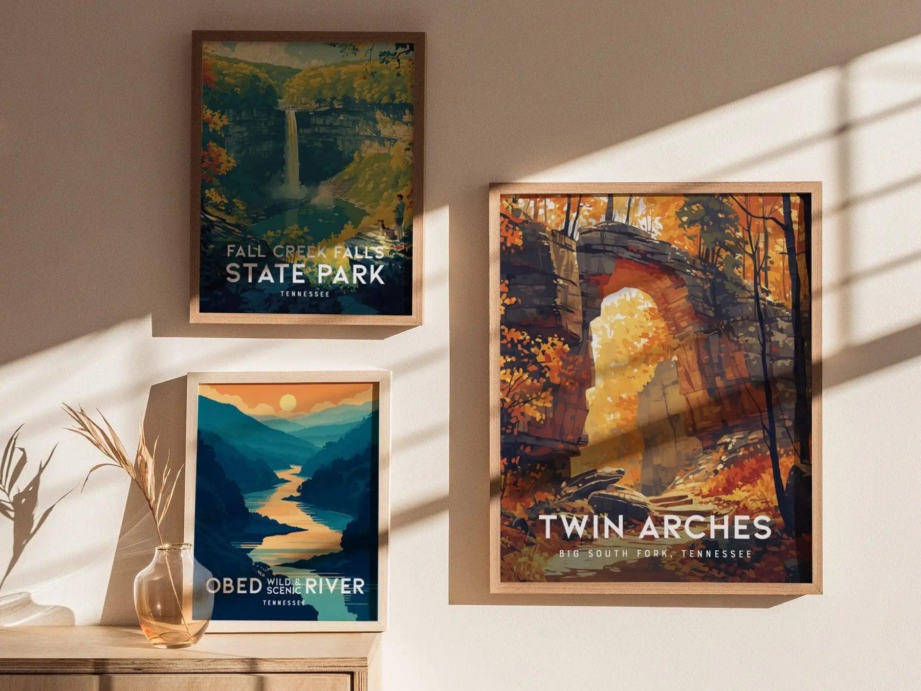 Twin Arches Tennessee wall art displayed in home with Big South Fork National Recreation Area hiking poster
