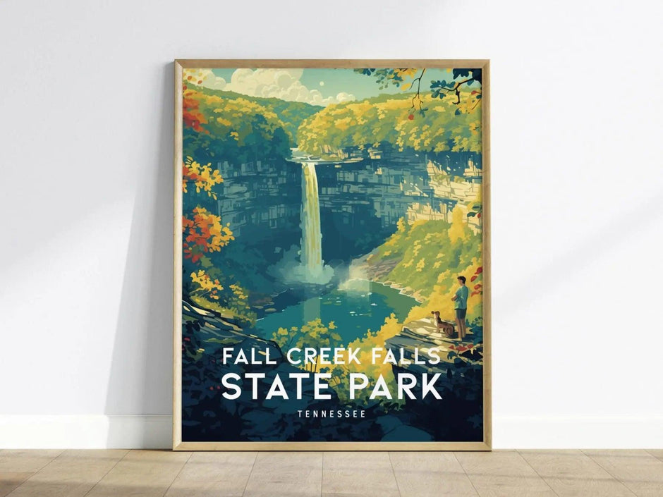 Fall Creek Falls State Park, Tennessee, Framed Wall Art - TN Waterfall Poster Gorge Hiking Adventure Print Hiker Outdoors Home Office Decor - Swell Scenes