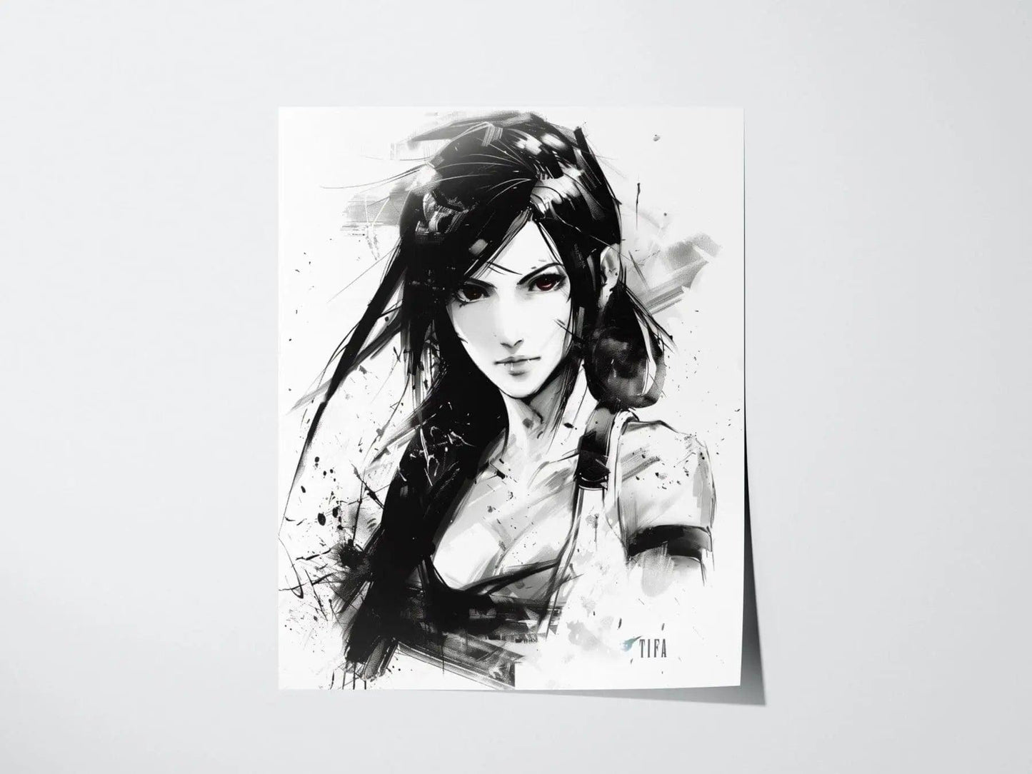 Tifa Final Fantasy VII poster featuring Shinkawa-inspired monochrome ink art style gaming wall print FF7 Rebirth
