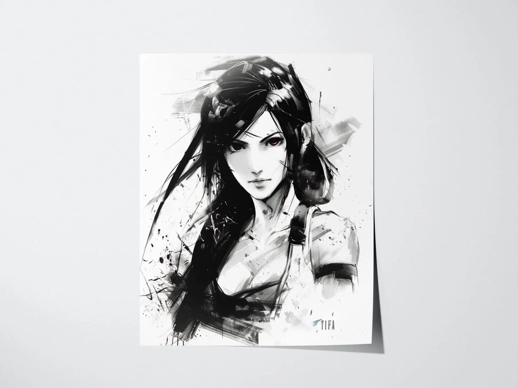 Tifa Final Fantasy VII poster featuring Shinkawa-inspired monochrome ink art style gaming wall print FF7 Rebirth