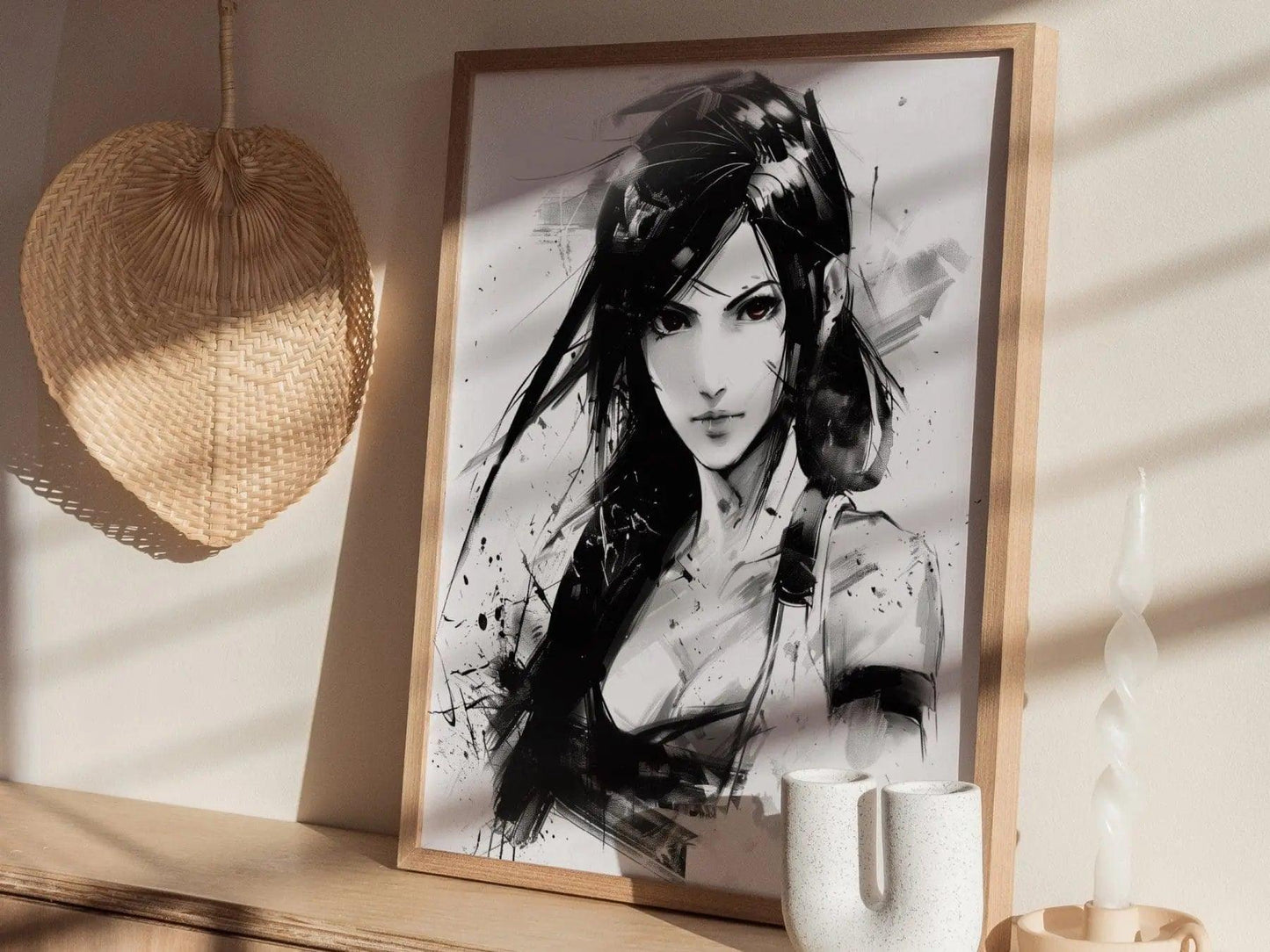 Natural wood framed Tifa Final Fantasy VII poster showing FF7 Rebirth character sophisticated gaming artwork