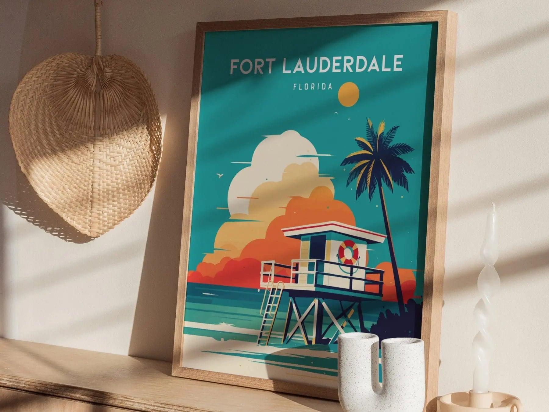 Fort Lauderdale, Florida Framed Wall Art - Beach House Ocean Lifeguard Minimal Poster Design Travel Print Tropical Palm Tree Home Decor Set - Swell Scenes